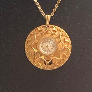 Gold Tone 17 Jewels Garon Pendant Watch Wind Up Necklace 18in Chain As Is Read